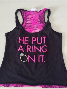 Spencer's Black Tank Top with Hot Pink Lettering and Lace Back